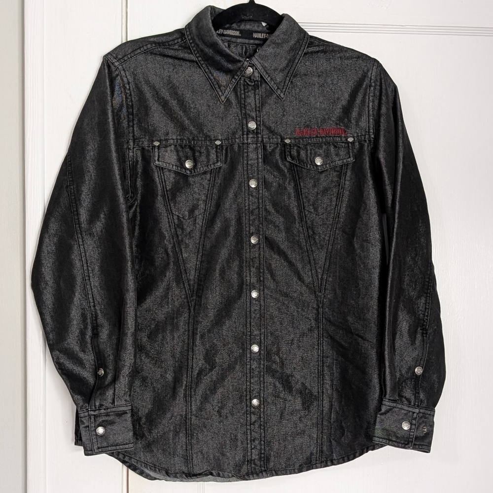 Harley-Davidson Black Denim Snap Shirt w/ Red Embroidery Back Graphic Size M